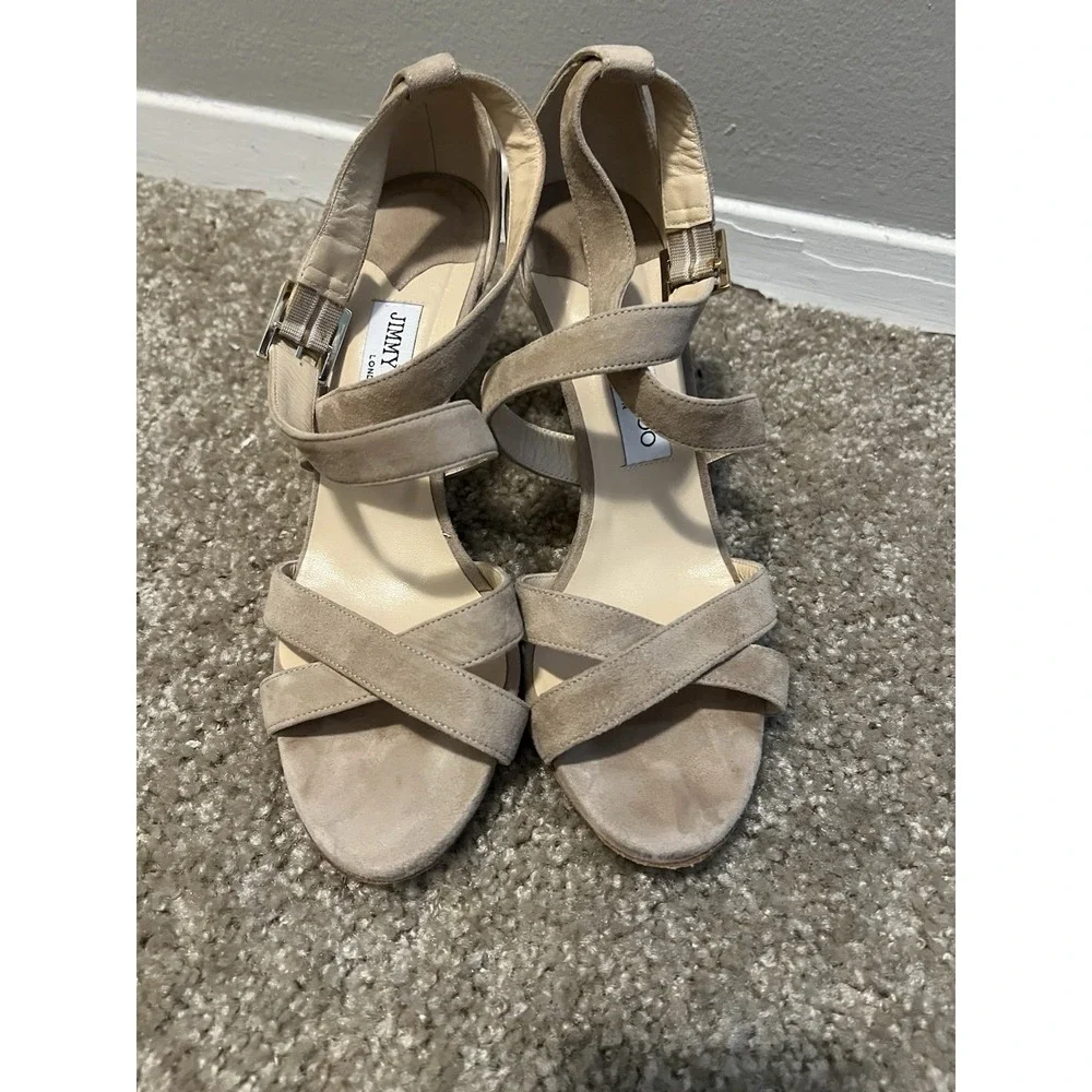Jimmy Choo Beige Suede Strappy Sandals Heels Size 9.5 EU 40 Made in Italy